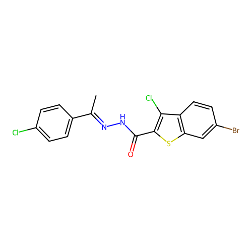 6-bromo-3-chloro-N'-[1-(4-chlorophenyl)ethylidene]-1-benzothiophene-2-carbohydrazide structure
