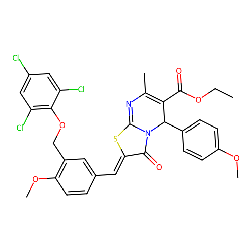 ethyl (2Z)-5-(4-methoxyphenyl)-2-[[4-methoxy-3-[(2,4,6-trichlorophenoxy)methyl]phenyl]methylidene]-7-methyl-3-oxo-5H-[1,3]thiazolo[3,2-a]pyrimidine-6-carboxylate structure