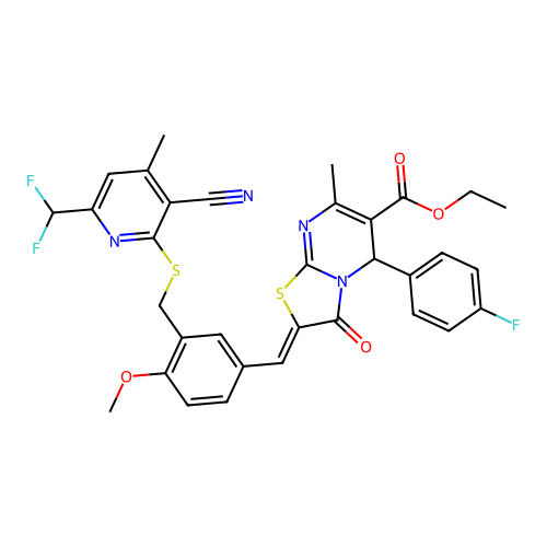 ethyl (2Z)-2-[3-({[3-cyano-6-(difluoromethyl)-4-methylpyridin-2-yl]sulfanyl}methyl)-4-methoxybenzylidene]-5-(4-fluorophenyl)-7-methyl-3-oxo-2,3-dihydro-5H-[1,3]thiazolo[3,2-a]pyrimidine-6-carboxylate structure