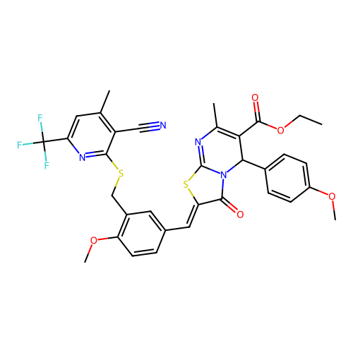 ethyl (2Z)-2-[[3-[[3-cyano-4-methyl-6-(trifluoromethyl)pyridin-2-yl]sulfanylmethyl]-4-methoxyphenyl]methylidene]-5-(4-methoxyphenyl)-7-methyl-3-oxo-5H-[1,3]thiazolo[3,2-a]pyrimidine-6-carboxylate structure