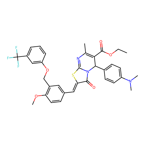 ethyl 5-[4-(dimethylamino)phenyl]-2-(4-methoxy-3-{[3-(trifluoromethyl)phenoxy]methyl}benzylidene)-7-methyl-3-oxo-2,3-dihydro-5H-[1,3]thiazolo[3,2-a]pyrimidine-6-carboxylate structure