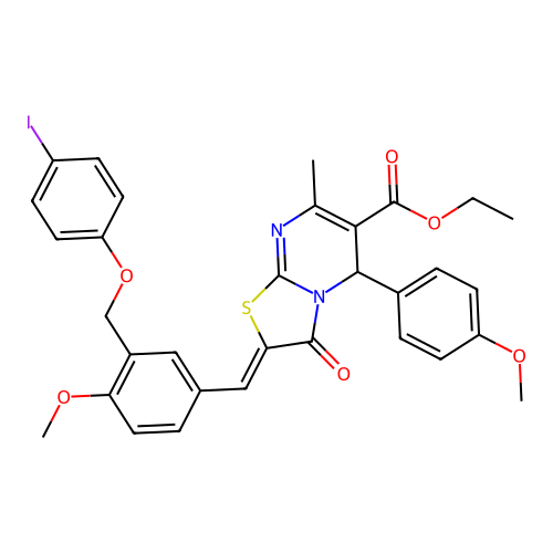 ethyl (2Z)-2-[[3-[(4-iodophenoxy)methyl]-4-methoxyphenyl]methylidene]-5-(4-methoxyphenyl)-7-methyl-3-oxo-5H-[1,3]thiazolo[3,2-a]pyrimidine-6-carboxylate structure
