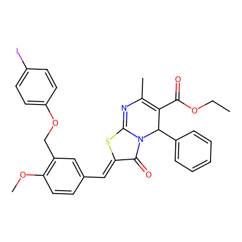 ethyl (2Z)-2-[[3-[(4-iodophenoxy)methyl]-4-methoxyphenyl]methylidene]-7-methyl-3-oxo-5-phenyl-5H-[1,3]thiazolo[3,2-a]pyrimidine-6-carboxylate structure