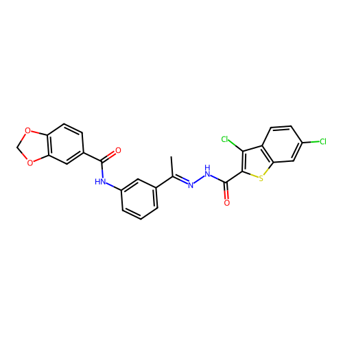 N-(3-{N-[(3,6-dichloro-1-benzothien-2-yl)carbonyl]ethanehydrazonoyl}phenyl)-1,3-benzodioxole-5-carboxamide structure