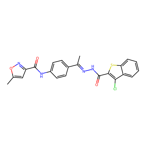 N-(4-{N-[(3-chloro-1-benzothien-2-yl)carbonyl]ethanehydrazonoyl}phenyl)-5-methyl-3-isoxazolecarboxamide structure