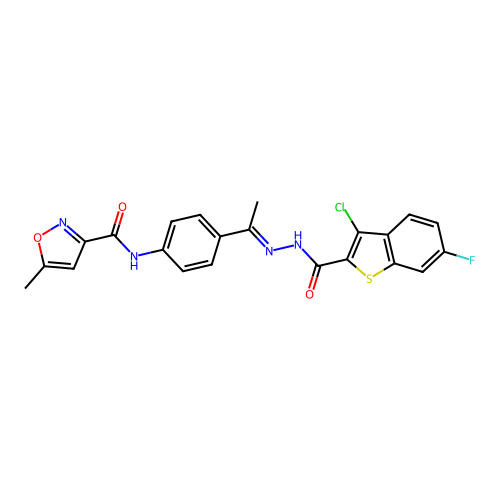 N-(4-{N-[(3-chloro-6-fluoro-1-benzothien-2-yl)carbonyl]ethanehydrazonoyl}phenyl)-5-methyl-3-isoxazolecarboxamide structure