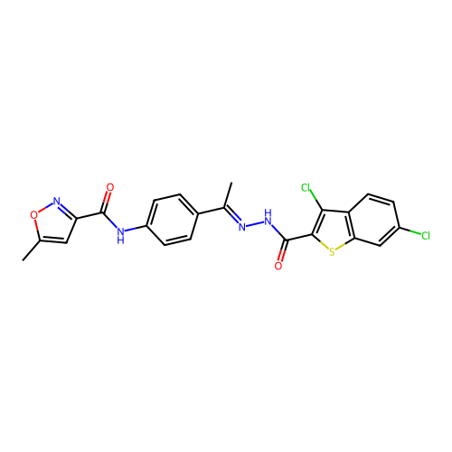 N-(4-{N-[(3,6-dichloro-1-benzothien-2-yl)carbonyl]ethanehydrazonoyl}phenyl)-5-methyl-3-isoxazolecarboxamide structure