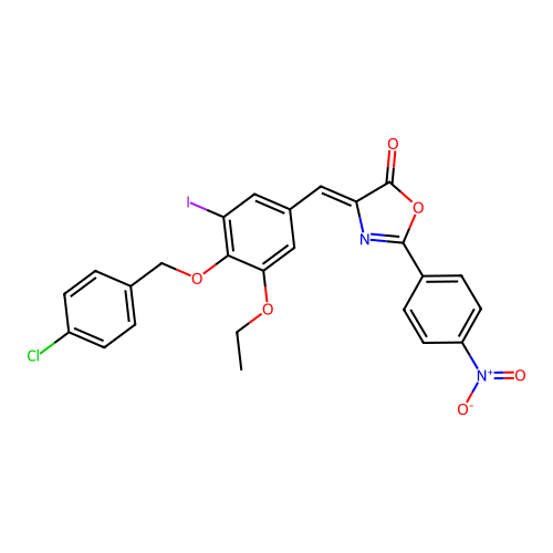 4-{4-[(4-chlorobenzyl)oxy]-3-ethoxy-5-iodobenzylidene}-2-{4-nitrophenyl}-1,3-oxazol-5(4H)-one structure