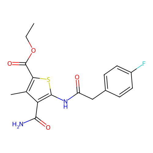 ethyl 4-(aminocarbonyl)-5-{[(4-fluorophenyl)acetyl]amino}-3-methyl-2-thiophenecarboxylate structure