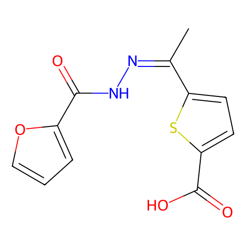 5-[N-(furan-2-carbonylamino)-C-methylcarbonimidoyl]thiophene-2-carboxylic acid structure