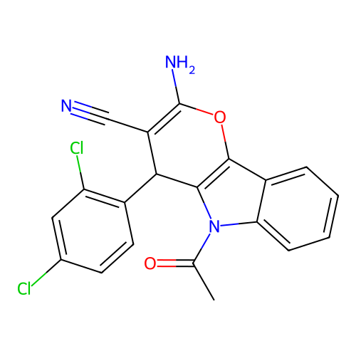 5-acetyl-2-amino-4-(2,4-dichlorophenyl)-4H-pyrano[3,2-b]indole-3-carbonitrile structure