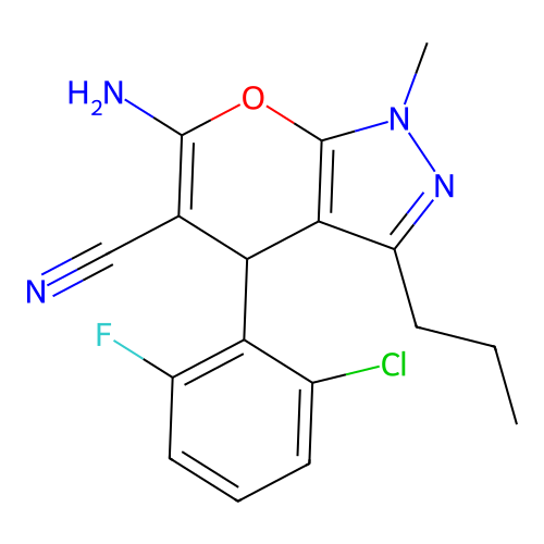 6-amino-4-(2-chloro-6-fluorophenyl)-1-methyl-3-propyl-1,4-dihydropyrano[2,3-c]pyrazole-5-carbonitrile structure
