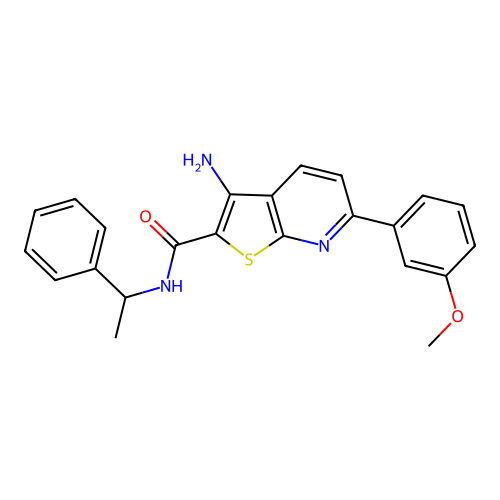 3-amino-6-(3-methoxyphenyl)-N-(1-phenylethyl)thieno[2,3-b]pyridine-2-carboxamide structure