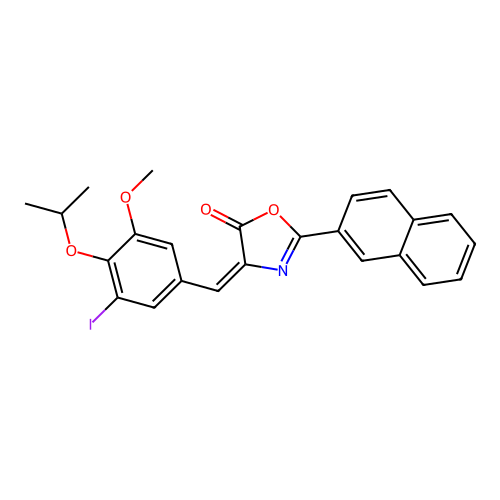 (4E)-4-[(3-iodo-5-methoxy-4-propan-2-yloxyphenyl)methylidene]-2-naphthalen-2-yl-1,3-oxazol-5-one structure