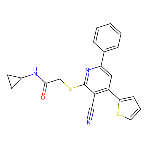 2-((3-cyano-6-phenyl-4-(thiophen-2-yl)pyridin-2-yl)thio)-N-cyclopropylacetamide structure