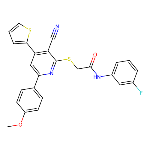 2-((3-cyano-6-(4-methoxyphenyl)-4-(thiophen-2-yl)pyridin-2-yl)thio)-N-(3-fluorophenyl)acetamide structure