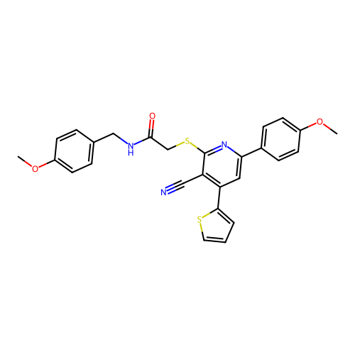 2-((3-cyano-6-(4-methoxyphenyl)-4-(thiophen-2-yl)pyridin-2-yl)thio)-N-(4-methoxybenzyl)acetamide structure