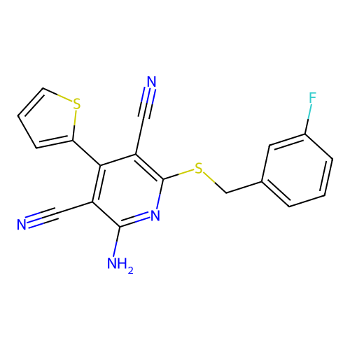 2-amino-6-((3-fluorobenzyl)thio)-4-(thiophen-2-yl)pyridine-3,5-dicarbonitrile structure