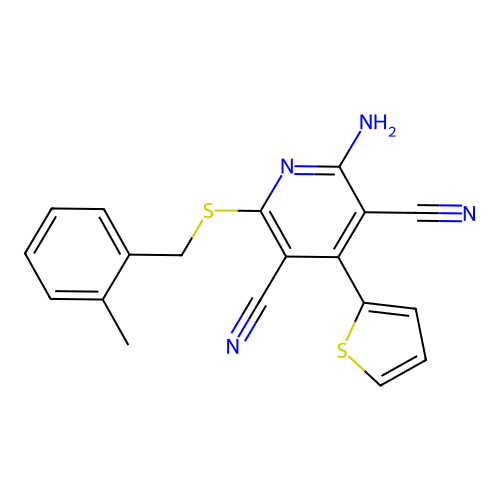 2-amino-6-((2-methylbenzyl)thio)-4-(thiophen-2-yl)pyridine-3,5-dicarbonitrile structure