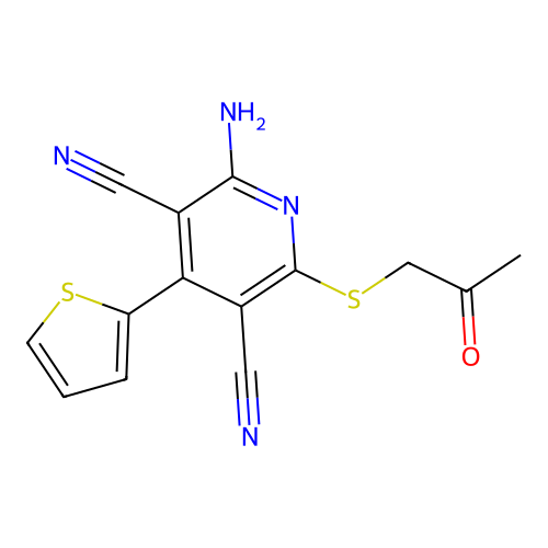 2-Amino-6-(2-oxo-propylsulfanyl)-4-thiophen-2-yl-pyridine-3,5-dicarbonitrile structure