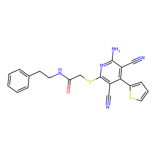 2-[(6-amino-3,5-dicyano-4-thiophen-2-yl-2-pyridinyl)thio]-N-(2-phenylethyl)acetamide structure