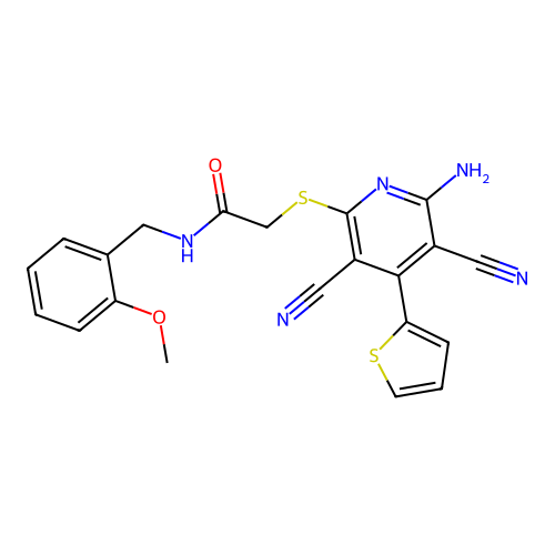 2-(6-amino-3,5-dicyano-4-thiophen-2-ylpyridin-2-yl)sulfanyl-N-[(2-methoxyphenyl)methyl]acetamide structure