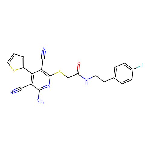 2-((6-amino-3,5-dicyano-4-(thiophen-2-yl)pyridin-2-yl)thio)-N-(4-fluorophenethyl)acetamide structure