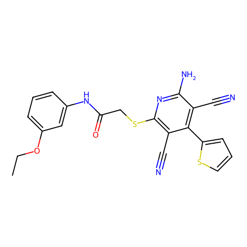 2-((6-amino-3,5-dicyano-4-(thiophen-2-yl)pyridin-2-yl)thio)-N-(3-ethoxyphenyl)acetamide structure