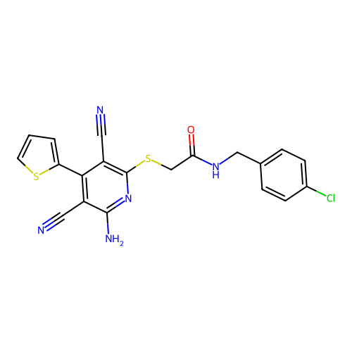 2-((6-amino-3,5-dicyano-4-(thiophen-2-yl)pyridin-2-yl)thio)-N-(4-chlorobenzyl)acetamide structure