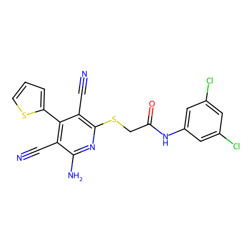 2-((6-amino-3,5-dicyano-4-(thiophen-2-yl)pyridin-2-yl)thio)-N-(3,5-dichlorophenyl)acetamide structure