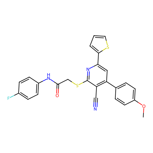 2-((3-cyano-4-(4-methoxyphenyl)-6-(thiophen-2-yl)pyridin-2-yl)thio)-N-(4-fluorophenyl)acetamide structure