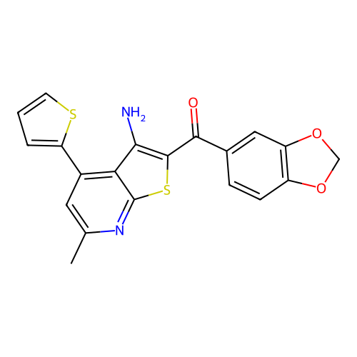 (3-amino-6-methyl-4-thiophen-2-ylthieno[2,3-b]pyridin-2-yl)-(1,3-benzodioxol-5-yl)methanone structure