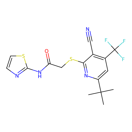 2-((6-(tert-butyl)-3-cyano-4-(trifluoromethyl)pyridin-2-yl)thio)-N-(thiazol-2-yl)acetamide structure