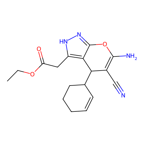 ethyl [6-amino-5-cyano-4-(cyclohex-2-en-1-yl)-2,4-dihydropyrano[2,3-c]pyrazol-3-yl]acetate structure