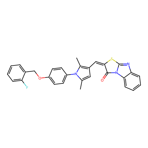 (E)-2-((1-(4-((2-fluorobenzyl)oxy)phenyl)-2,5-dimethyl-1H-pyrrol-3-yl)methylene)benzo[4,5]imidazo[2,1-b]thiazol-3(2H)-one structure