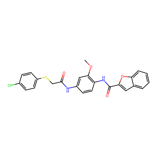 N-[4-({[(4-chlorophenyl)sulfanyl]acetyl}amino)-2-methoxyphenyl]-1-benzofuran-2-carboxamide structure