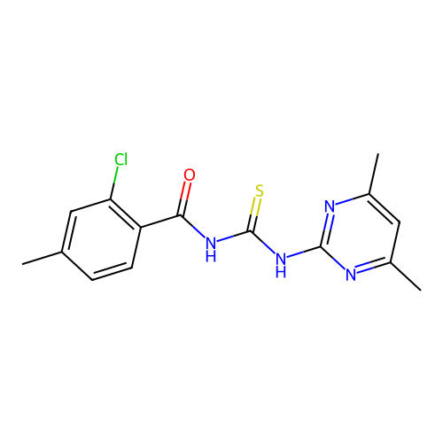 2-chloro-N-[(4,6-dimethylpyrimidin-2-yl)carbamothioyl]-4-methylbenzamide structure