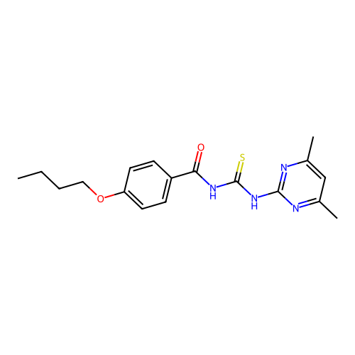 4-butoxy-N-[(4,6-dimethylpyrimidin-2-yl)carbamothioyl]benzamide structure
