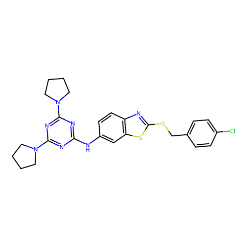 2-((4-chlorobenzyl)thio)-N-(4,6-di(pyrrolidin-1-yl)-1,3,5-triazin-2-yl)benzo[d]thiazol-6-amine structure