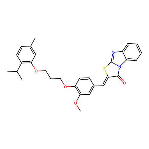 (Z)-2-(4-(3-(2-isopropyl-5-methylphenoxy)propoxy)-3-methoxybenzylidene)benzo[4,5]imidazo[2,1-b]thiazol-3(2H)-one structure