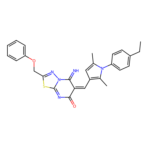 (E)-6-((1-(4-ethylphenyl)-2,5-dimethyl-1H-pyrrol-3-yl)methylene)-5-imino-2-(phenoxymethyl)-5H-[1,3,4]thiadiazolo[3,2-a]pyrimidin-7(6H)-one structure