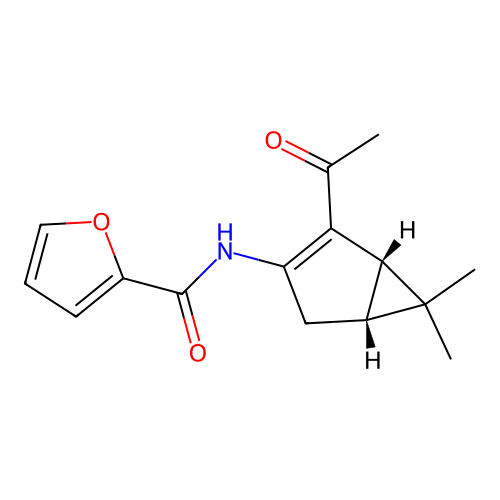 N-((1S,5R)-2-acetyl-6,6-dimethylbicyclo[3.1.0]hex-2-en-3-yl)furan-2-carboxamide structure