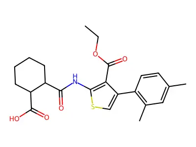 2-({[4-(2,4-dimethylphenyl)-3-(ethoxycarbonyl)thien-2-yl]amino}carbonyl)cyclohexanecarboxylic acid structure