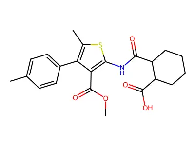 2-((3-(methoxycarbonyl)-5-methyl-4-(p-tolyl)thiophen-2-yl)carbamoyl)cyclohexanecarboxylic acid structure