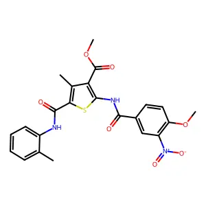 methyl 2-({3-nitro-4-methoxybenzoyl}amino)-4-methyl-5-(2-toluidinocarbonyl)-3-thiophenecarboxylate structure