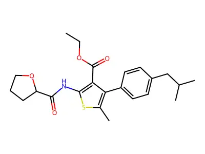 ethyl 5-methyl-4-[4-(2-methylpropyl)phenyl]-2-(oxolane-2-carbonylamino)thiophene-3-carboxylate structure