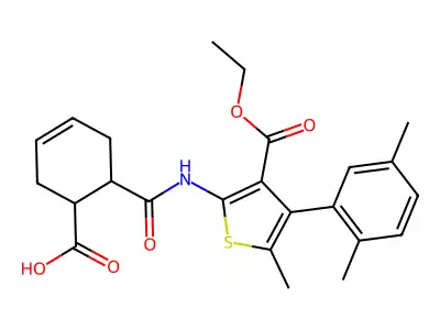 6-{[4-(2,5-dimethylphenyl)-3-(ethoxycarbonyl)-5-methylthiophen-2-yl]carbamoyl}cyclohex-3-ene-1-carboxylic acid structure