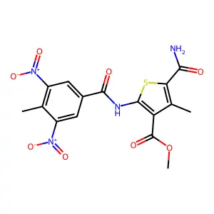 methyl 5-carbamoyl-4-methyl-2-[(4-methyl-3,5-dinitrobenzoyl)amino]thiophene-3-carboxylate structure