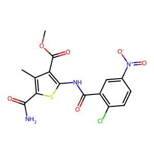 methyl 5-carbamoyl-2-[(2-chloro-5-nitrobenzoyl)amino]-4-methylthiophene-3-carboxylate structure