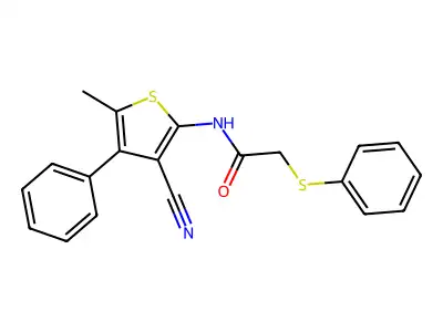 N-(3-cyano-5-methyl-4-phenylthiophen-2-yl)-2-phenylsulfanylacetamide structure